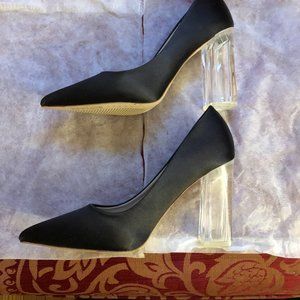 WSKEISP Women's Chunky Block Heels Pumps Slip On Closed Pointed Toe Dress Lucite